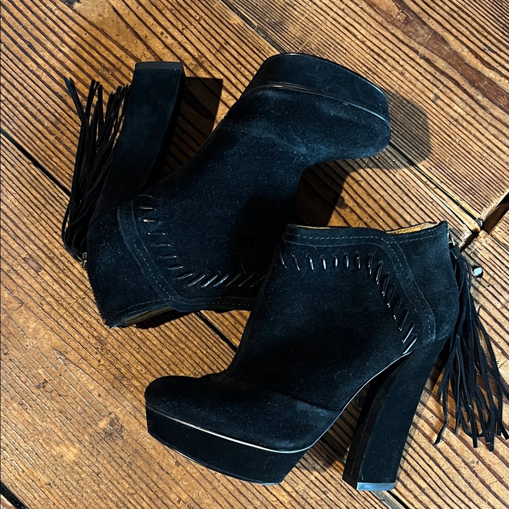 Nine West Black Suede Fringe Platform Booties
